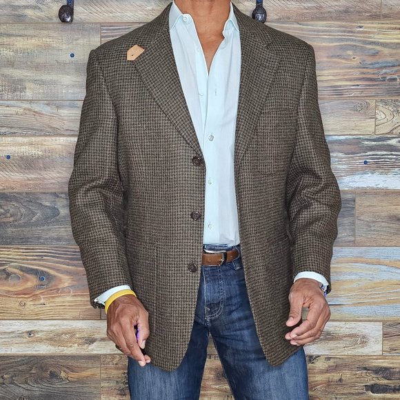 Vintage Evan Picone Wool Blend Brown Geometric Elbow Patches Blazer Jacket 41R - Picture 5 of 10